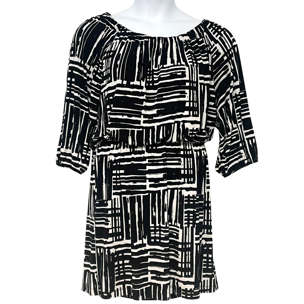AB Studio Sz XL Blouson Dress Elastic Neckline Geometric B&W Print Jersey Knit